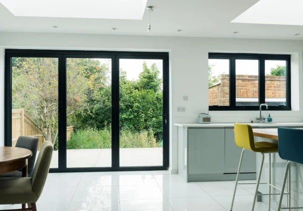 Interior view of a bi-folding door in an open plan kitchen / dining room