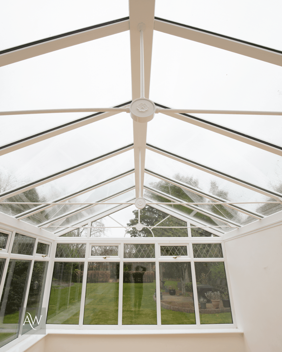 full interior view of the glass roof installed by alexander windows in bramhall
