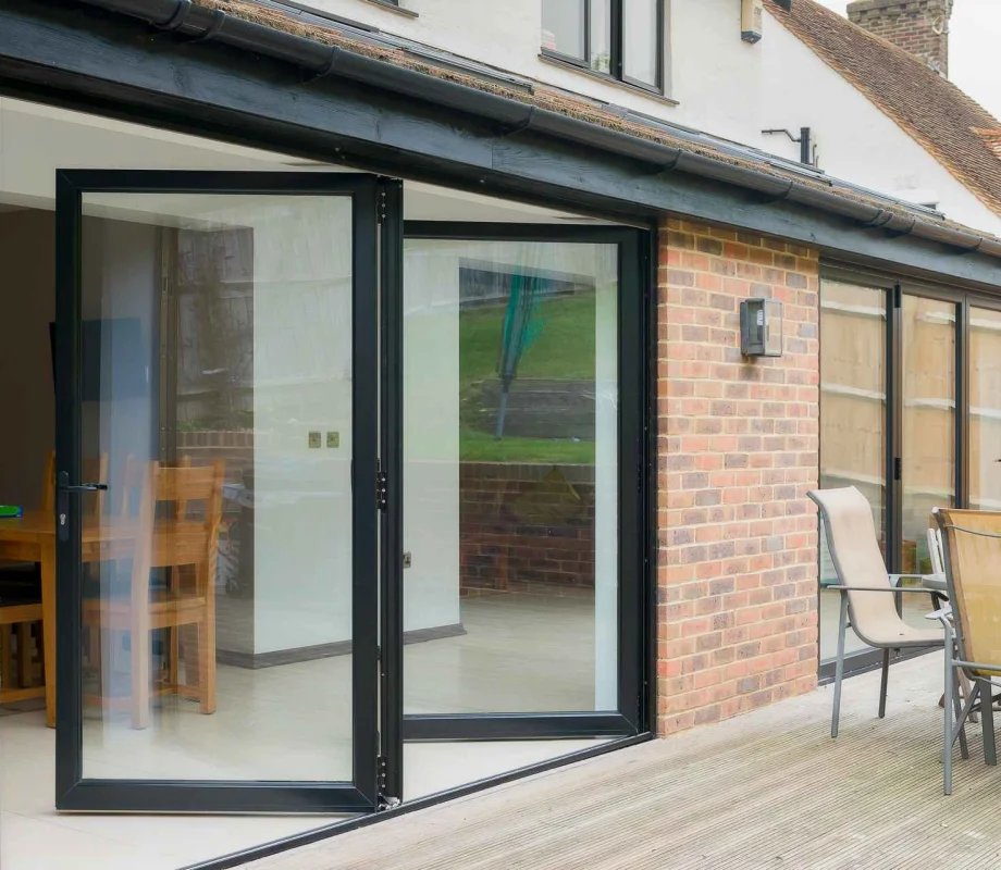 open black aluk Aluminium bifolding  Doors in Manchester