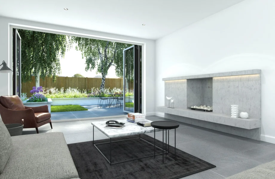 open aluminium door in an ultra modern (grey / white) lounge