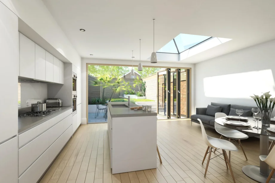 open bifolding door in a modern and bright kitchen