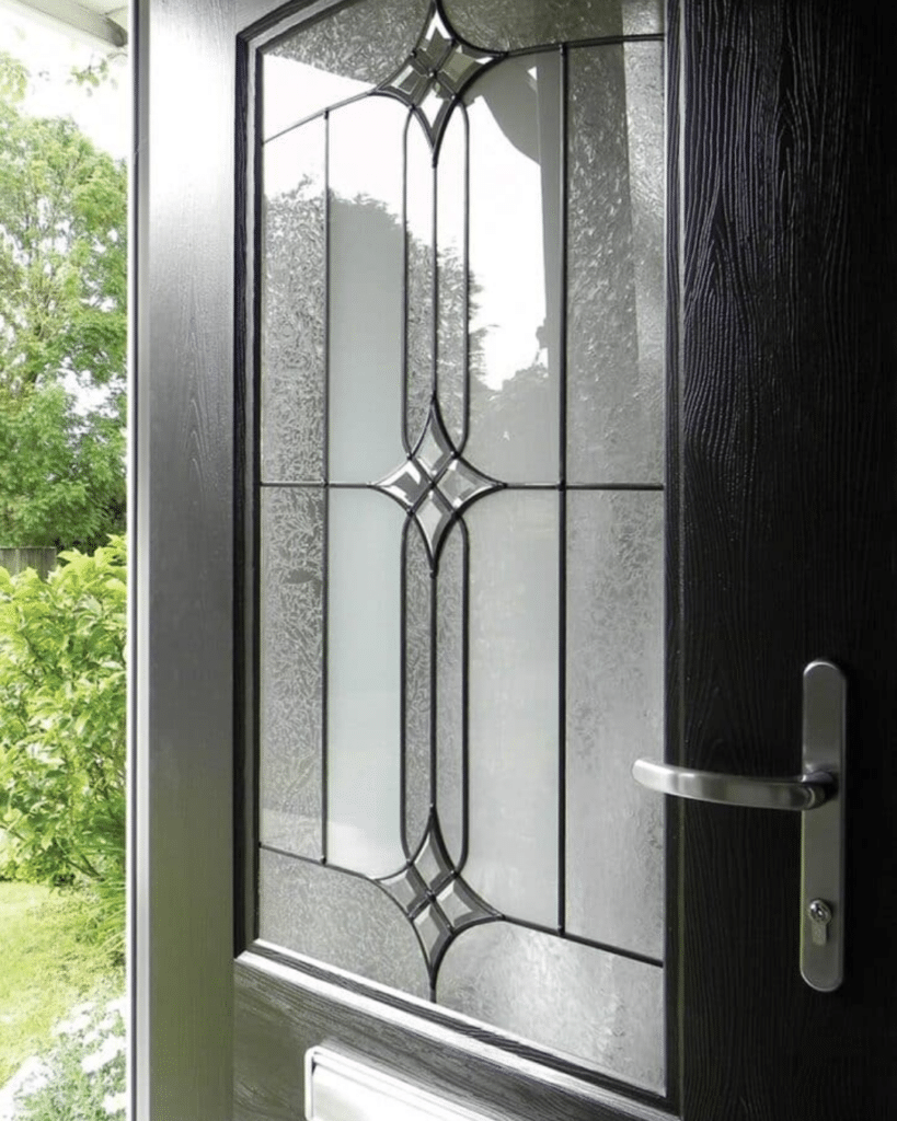 portland rockdoor composite door in black with apostle glass