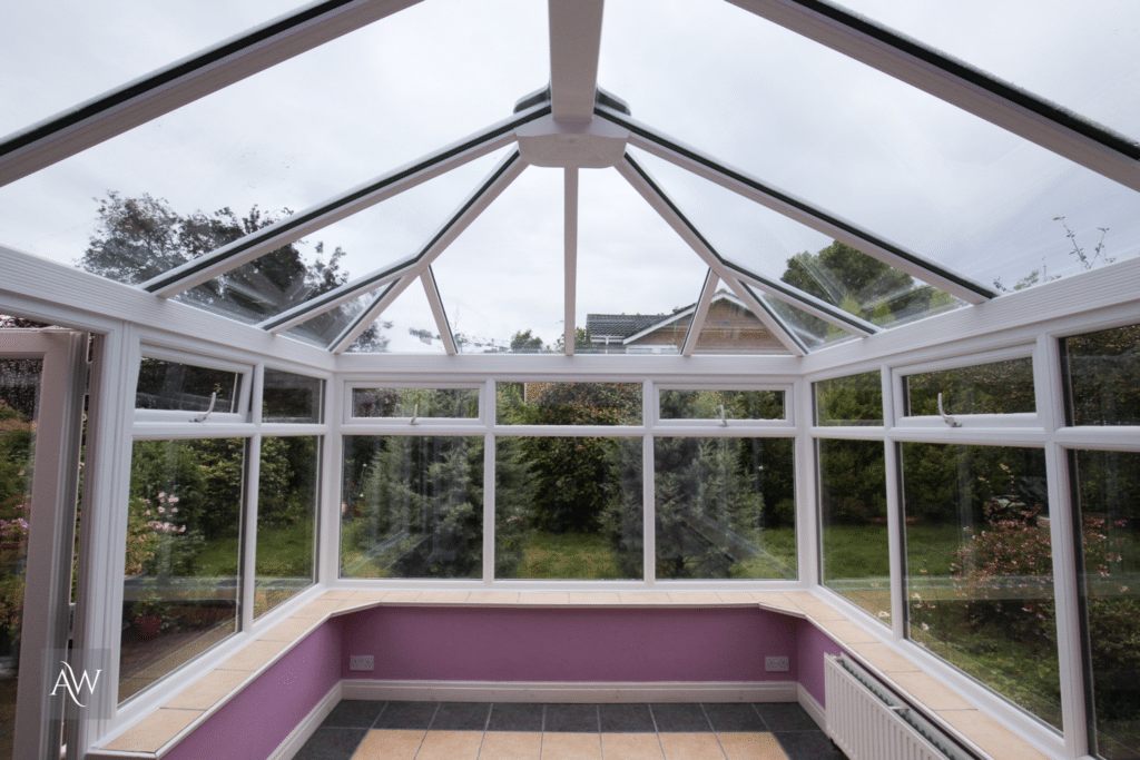 installation of glass roofs for conservatories. Photograph taken from inside the conservatory.