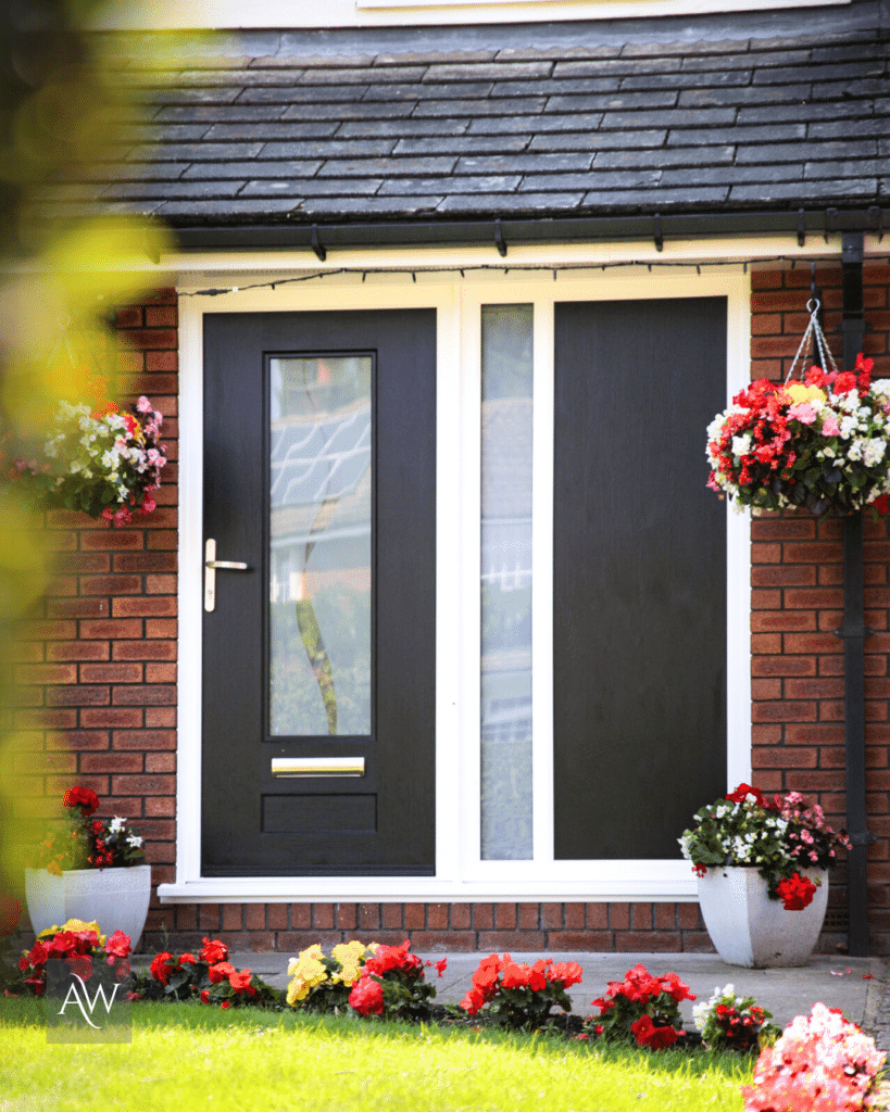 contemporary front door design installed by alexander windows - Rockdoor Dune vision in black with white frame (photo taken of the external view of the door)